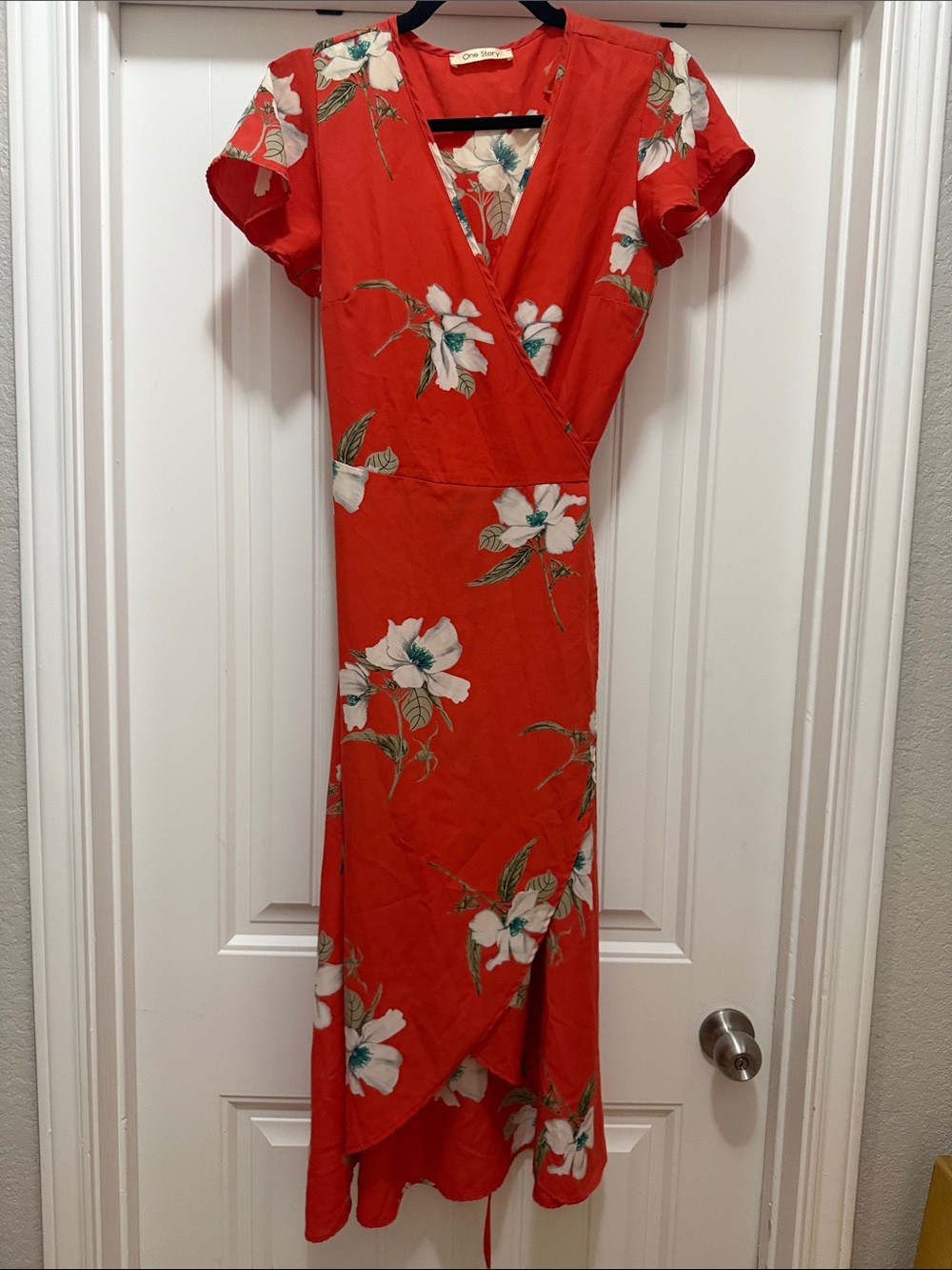 Red-Orange Floral Wrap Midi Dress - One Story
